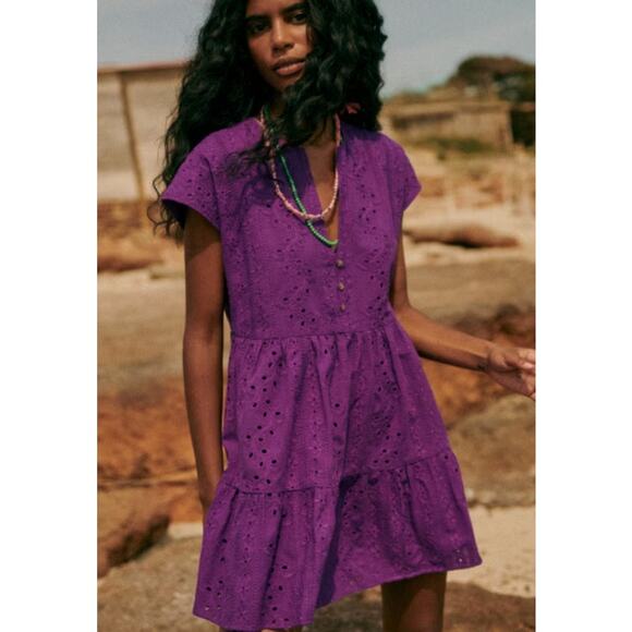 Sezane Sapphire V Neck Eyelet Mini Dress Purple Size 36 / Size US 4 - Picture 1 of 11